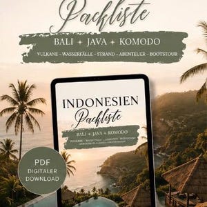 May include: A digital download advertisement for an Indonesian travel packing list. The image features a tablet displaying the packing list, with text including "Bali + Java + Komodo" and "PDF Digital Download." The background shows a tropical landscape with palm trees and a pool.
