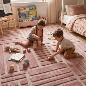 Loop & Cut Hand Tufted Geometric Rug Blush Pink Modern High , Low  Wool Area Carpet, For  Designer Living Room Rug And Bedroom Decor