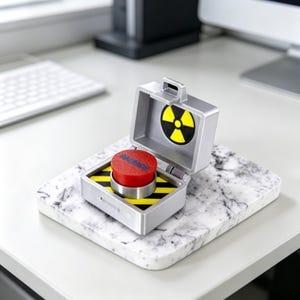 May include: A silver-colored desk accessory featuring a hinged lid with a yellow and black radiation symbol on the interior. The base contains a bright red circular button surrounded by yellow and black hazard stripes, resembling an emergency trigger.