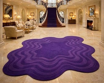 Luxury Hand Tufted Purple Rug Irregular Area Rug, Wavy Abstract Modern Custom Size Carpet