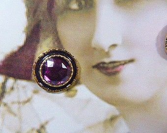 PAIR of Vintage Purple Rhinestone and Gold Pierced Earrings - V-EAR 602- Rhinestone Earrings