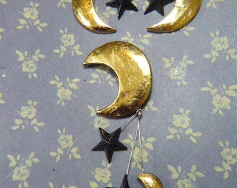 Vintage Gold and Black Moon and Stars Brooch and Earring Set - BR-526 - Moon and Stars Demi Parure