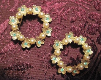 Vintage Pair of Pearl and Blue Rhinestone Brooches