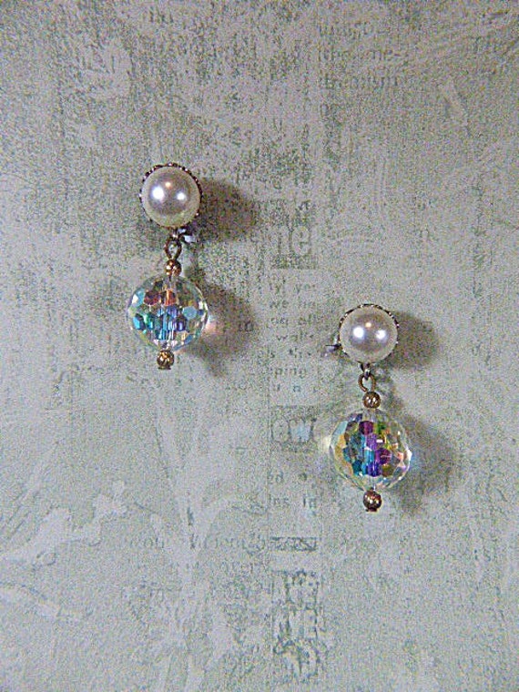 Vintage Pearl and Aurora Borealis Clip Earrings -… - image 1