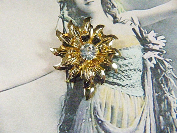 Vintage EISENBERG ICE Rhinestone and Gold Flower … - image 2
