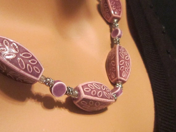 Vintage Mauve Handmade Ceramic Bead Necklace and … - image 3