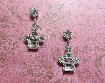 Vintage del Rhinestone Screwback pendientes - V-oído-418 - Rhinestone pendientes - de plata - pendientes de Screwback