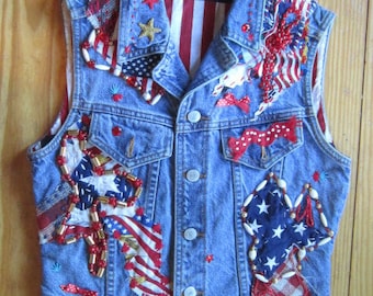 OOAK Embellished Vintage Denim Vest in Patriotic Colors THESE COLORS Don't Run -Fully Lined and Beaded-Upcycled Repurposed Recycled Clothing