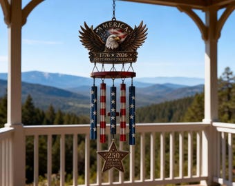 Patriotic Eagle Wind Chime 250th Independence Day Celebration Decor,Rustic American Flag Wind Chime for Garden Porch Patriotic Decoration