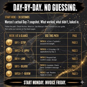 May include: A black and gold informational chart titled DAY-BY-DAY. NO GUESSING. It outlines a weekly schedule with five rows of icons and text, detailing paths A through E for daily tasks, page references, and the final text START MONDAY. INVOICE FRIDAY.