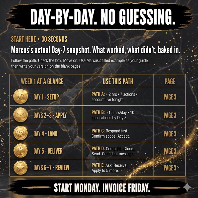 May include: A black and gold informational chart titled DAY-BY-DAY. NO GUESSING. It outlines a weekly schedule with five rows of icons and text, detailing paths A through E for daily tasks, page references, and the final text START MONDAY. INVOICE FRIDAY.