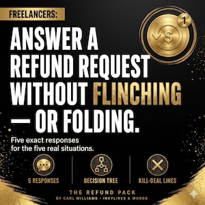May include: A black graphic with gold text reading: FREELANCERS: ANSWER A REFUND REQUEST WITHOUT FLINCHING &mdash; OR FOLDING. Five exact responses for the five real situations. Includes icons for 5 RESPONSES, DECISION TREE, and KILL-DEAL LINES. THE REFUND PACK BY CARL WILLIAMS INKYLINES & WORDS.