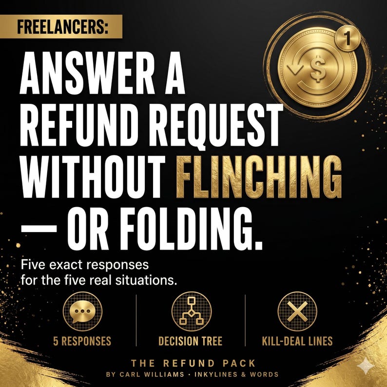 May include: A black graphic with gold text reading: FREELANCERS: ANSWER A REFUND REQUEST WITHOUT FLINCHING &mdash; OR FOLDING. Five exact responses for the five real situations. Includes icons for 5 RESPONSES, DECISION TREE, and KILL-DEAL LINES. THE REFUND PACK BY CARL WILLIAMS INKYLINES & WORDS.