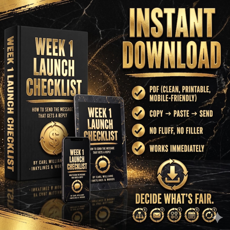 May include: A digital product bundle titled Week 1 Launch Checklist by Carl Williams, featuring a book, tablet, and smartphone display. Text includes Instant Download, PDF, Copy-Paste-Send, No Fluff, No Filler, Works Immediately, and Decide What's Fair.