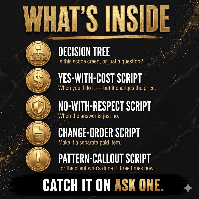 Puede incluir: Un gr&aacute;fico negro con texto dorado que dice WHAT'S INSIDE y CATCH IT ON ASK ONE. Cinco iconos circulares dorados muestran s&iacute;mbolos de un &aacute;rbol de decisi&oacute;n, signo de d&oacute;lar, escudo, documento y signo de exclamaci&oacute;n, seguidos de texto descriptivo.