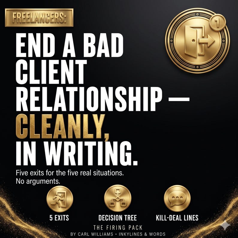 May include: A black graphic with gold accents featuring the text: FREELANCERS: END A BAD CLIENT RELATIONSHIP &mdash; CLEANLY, IN WRITING. Five exits for the five real situations. No arguments. Includes icons for 5 EXITS, DECISION TREE, and KILL-DEAL LINES.