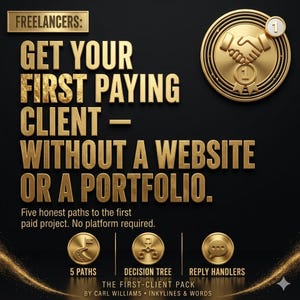 K&ouml;nnte beinhalten: Eine schwarze Grafik mit goldenem Text: FREELANCERS: GET YOUR FIRST PAYING CLIENT - WITHOUT A WEBSITE OR A PORTFOLIO. Five honest paths to the first paid project. No platform required. Enth&auml;lt Symbole f&uuml;r 5 PATHS, DECISION TREE und REPLY HANDLERS.