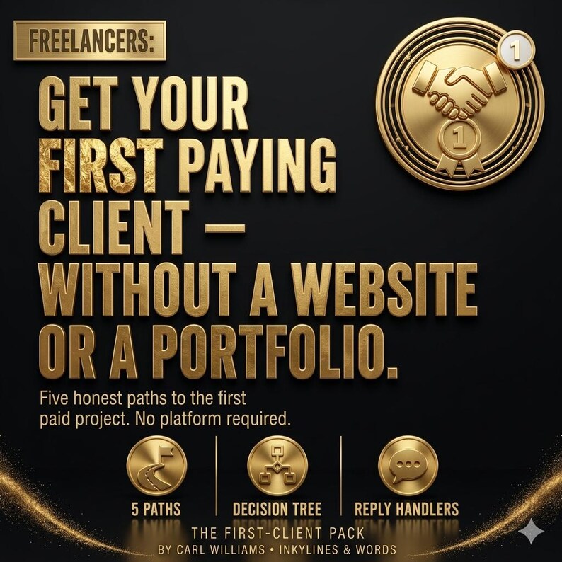 K&ouml;nnte beinhalten: Eine schwarze Grafik mit goldenem Text: FREELANCERS: GET YOUR FIRST PAYING CLIENT - WITHOUT A WEBSITE OR A PORTFOLIO. Five honest paths to the first paid project. No platform required. Enth&auml;lt Symbole f&uuml;r 5 PATHS, DECISION TREE und REPLY HANDLERS.