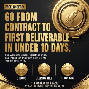 May include: A black graphic with gold text reading: FREELANCERS: GO FROM CONTRACT TO FIRST DELIVERABLE IN UNDER 10 DAYS. The welcome email, kickoff agenda, and intake list that turn new clients into smooth ones. Includes icons for 5 FLOWS, DECISION TREE, and 10-DAY GOAL.