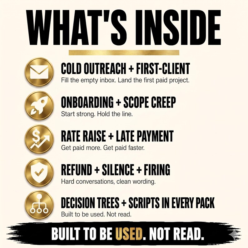 May include: A digital graphic titled WHAT'S INSIDE featuring five gold circular icons with white symbols for an envelope, rocket, dollar sign, shield, and flowchart. Text lists business topics including cold outreach, onboarding, and decision trees.