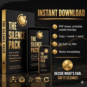 Pu&ograve; includere: Un prodotto digitale intitolato The Silence Pack di Carl Williams, con un libro nero, un tablet e uno smartphone che mostrano il titolo e il sottotitolo How to send the message that gets a reply. Include testo per il download immediato.