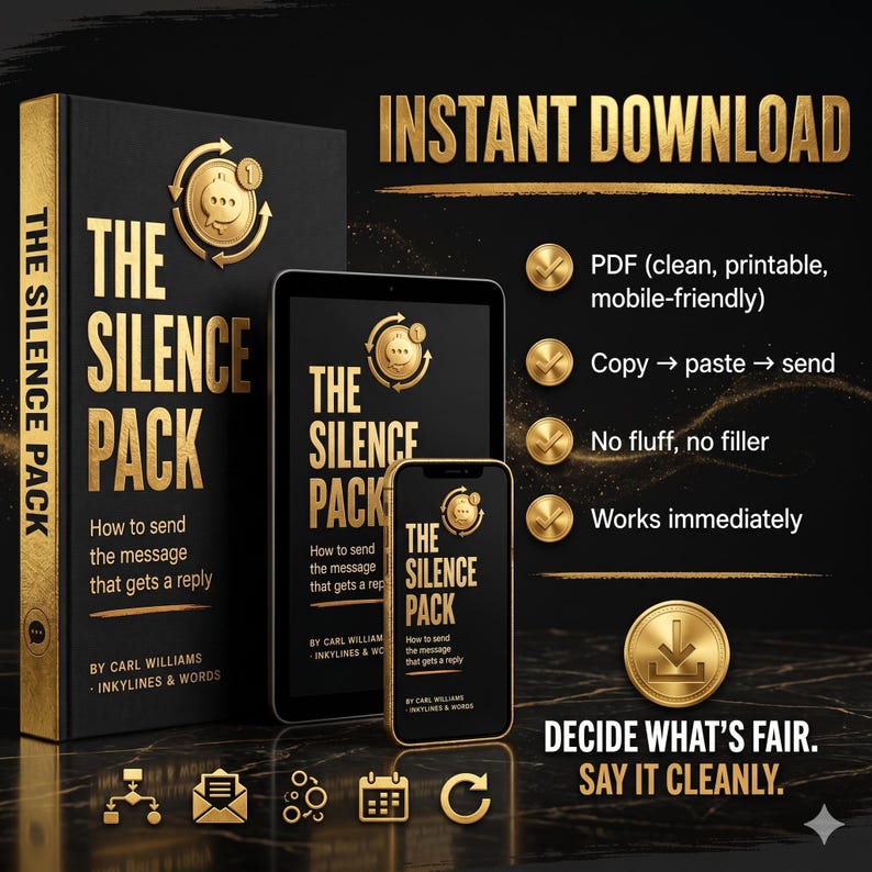 Pu&ograve; includere: Un prodotto digitale intitolato The Silence Pack di Carl Williams, con un libro nero, un tablet e uno smartphone che mostrano il titolo e il sottotitolo How to send the message that gets a reply. Include testo per il download immediato.