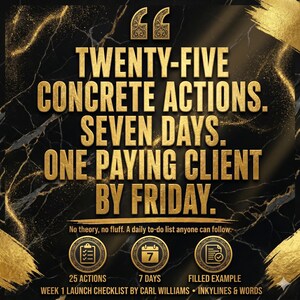May include: A black and gold graphic featuring the text TWENTY-FIVE CONCRETE ACTIONS. SEVEN DAYS. ONE PAYING CLIENT BY FRIDAY. Below is the text No theory, no fluff. A daily to-do list anyone can follow. Icons show 25 ACTIONS, 7 DAYS, FILLED EXAMPLE.