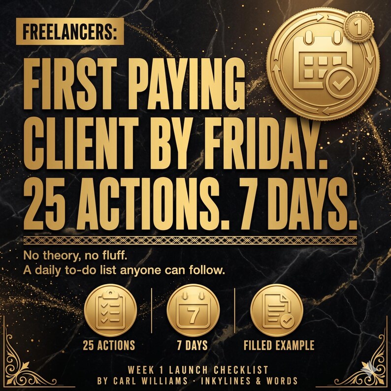 May include: A black and gold graphic featuring the text: FREELANCERS: FIRST PAYING CLIENT BY FRIDAY. 25 ACTIONS. 7 DAYS. No theory, no fluff. A daily to-do list anyone can follow. Includes icons for 25 actions, 7 days, and a filled example.