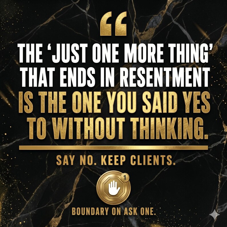 Puede incluir: Un gr&aacute;fico con textura de m&aacute;rmol negro y texto dorado que dice: THE 'JUST ONE MORE THING' THAT ENDS IN RESENTMENT IS THE ONE YOU SAID YES TO WITHOUT THINKING. SAY NO. KEEP CLIENTS. BOUNDARY ON ASK ONE. Incluye un icono dorado con una mano.