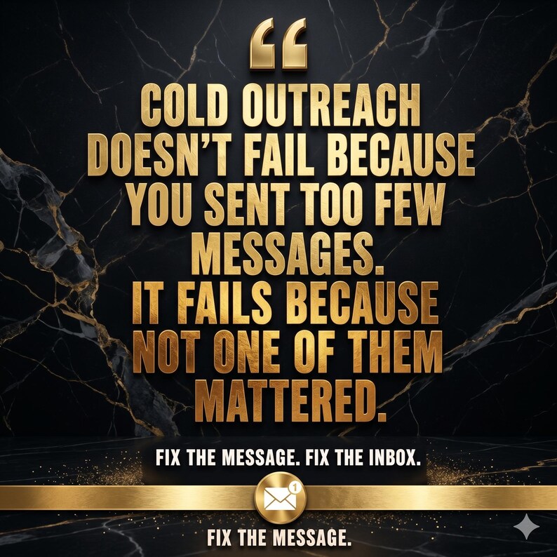May include: A black marble-textured graphic featuring gold text that reads: COLD OUTREACH DOESN'T FAIL BECAUSE YOU SENT TOO FEW MESSAGES. IT FAILS BECAUSE NOT ONE OF THEM MATTERED. FIX THE MESSAGE. FIX THE INBOX. FIX THE MESSAGE. Includes a gold envelope icon.
