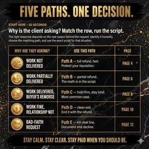 May include: A black and gold instructional chart titled FIVE PATHS. ONE DECISION. The table lists five scenarios for client requests, matching each to a specific path and page number. Icons represent each path, with text instructions for handling refunds.
