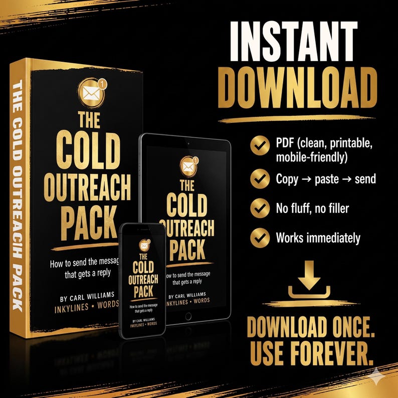 May include: A digital product bundle titled The Cold Outreach Pack by Carl Williams, featuring a book cover, tablet, and smartphone display. Text includes Instant Download, PDF, Copy-paste-send, No fluff, no filler, Works immediately, and Download once. Use forever.