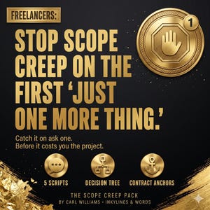 Puede incluir: Un gr&aacute;fico negro con texto dorado: FREELANCERS: STOP SCOPE CREEP ON THE FIRST 'JUST ONE MORE THING.' Catch it on ask one. Before it costs you the project. Incluye iconos de 5 SCRIPTS, DECISION TREE y CONTRACT ANCHORS.