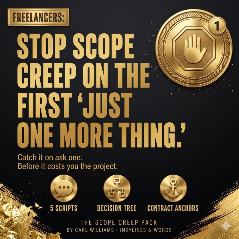 Puede incluir: Un gr&aacute;fico negro con texto dorado: FREELANCERS: STOP SCOPE CREEP ON THE FIRST 'JUST ONE MORE THING.' Catch it on ask one. Before it costs you the project. Incluye iconos de 5 SCRIPTS, DECISION TREE y CONTRACT ANCHORS.