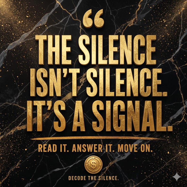 Pu&ograve; includere: Uno sfondo in marmo nero con venature dorate presenta il testo dorato: THE SILENCE ISN'T SILENCE. IT'S A SIGNAL. READ IT. ANSWER IT. MOVE ON. Una moneta d'oro con un simbolo del dollaro e il testo DECODE THE SILENCE. appare in basso con le virgolette.