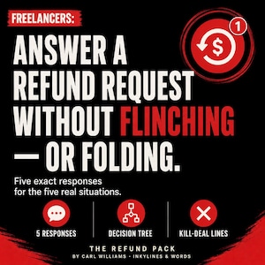 Può includere: Una grafica nera con testo bianco e rosso: FREELANCERS: ANSWER A REFUND REQUEST WITHOUT FLINCHING — OR FOLDING. Five exact responses for the five real situations. Include icone per 5 RESPONSES, DECISION TREE e KILL-DEAL LINES.