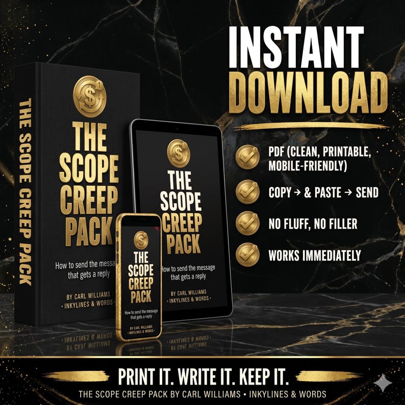 Puede incluir: Un conjunto de productos digitales titulado The Scope Creep Pack de Carl Williams, que incluye un libro, una tableta y un tel&eacute;fono inteligente con el t&iacute;tulo y el subt&iacute;tulo How to send the message that gets a reply, junto a texto que enumera funciones como PDF, copiar y pegar y descarga instant&aacute;nea.