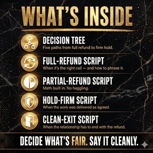May include: A black marble-textured graphic with gold text titled WHAT'S INSIDE. It lists five items: DECISION TREE, FULL-REFUND SCRIPT, PARTIAL-REFUND SCRIPT, HOLD-FIRM SCRIPT, and CLEAN-EXIT SCRIPT, each with a gold circular icon and descriptive text.