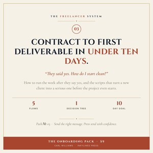 May include: A square digital graphic titled The Freelancer System 03, Contract to First Deliverable in Under Ten Days. It includes text about client onboarding, 5 flows, 1 decision tree, a 10 day goal, and The Onboarding Pack by Carl Williams.
