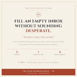 Op de afbeelding: Een vierkante afbeelding met de titel The Freelancer System 01 en de tekst Fill an empty inbox without sounding desperate. Het bevat 5 scripts, 1 decision tree en 6 real examples, met de titel The Cold Outreach Pack onderaan.