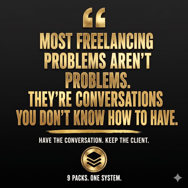 May include: A black graphic with gold text that reads: MOST FREELANCING PROBLEMS AREN'T PROBLEMS. THEY'RE CONVERSATIONS YOU DON'T KNOW HOW TO HAVE. HAVE THE CONVERSATION. KEEP THE CLIENT. 9 PACKS. ONE SYSTEM. Includes a gold quotation mark icon and logo.