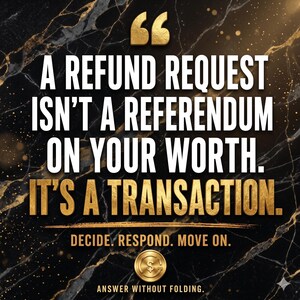 May include: A black and gold marble-textured graphic featuring the text: A REFUND REQUEST ISN'T A REFERENDUM ON YOUR WORTH. IT'S A TRANSACTION. DECIDE. RESPOND. MOVE ON. ANSWER WITHOUT FOLDING. A gold coin icon with a dollar sign is centred below.