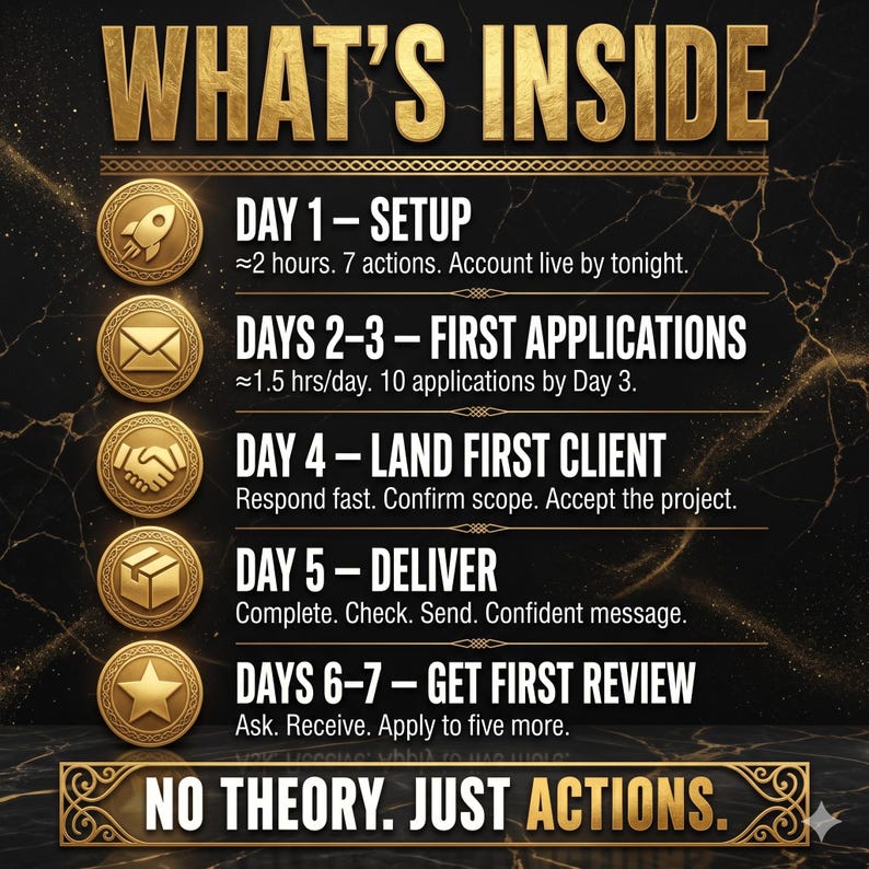 May include: A black and gold infographic titled WHAT'S INSIDE, outlining a seven-day plan with five gold circular icons featuring a rocket, envelope, handshake, box, and star. The text details daily tasks from setup to getting a review, ending with NO THEORY. JUST ACTIONS.