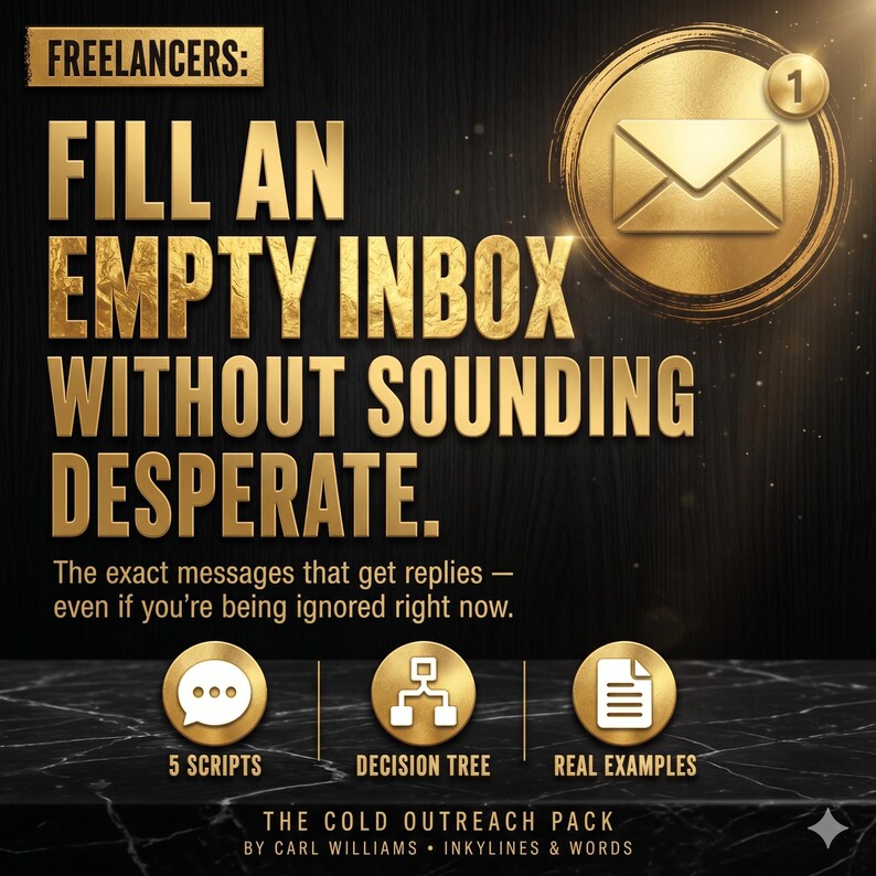 May include: A black and gold graphic featuring the text: FREELANCERS: FILL AN EMPTY INBOX WITHOUT SOUNDING DESPERATE. The exact messages that get replies &mdash; even if you're being ignored right now. Includes 5 SCRIPTS, DECISION TREE, and REAL EXAMPLES.