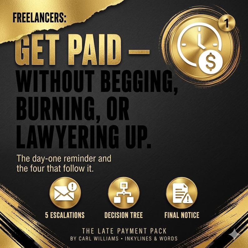 以下が含まれることがあります： 黒と金のグラフィック広告。タイトルは「FREELANCERS: GET PAID - WITHOUT BEGGING, BURNING, OR LAWYERING UP」。ドル記号付きの時計、5つのエスカレーション、決定木、最終通知のアイコンが含まれており、The Late Payment Packについて記載されています。