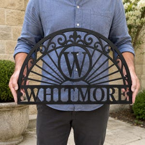 Puede incluir: Un letrero de metal negro en forma de semicírculo con un arco decorativo de volutas, un marco circular central que contiene la letra W y el nombre WHITMORE en letras mayúsculas a lo largo del borde inferior recto.