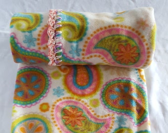Pastel Paisley crochet edged Fleece Blanket by FreCkLes GarDeN nap cuddle carseat tummy time sleep bed blankie baby crib