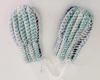 Minty Denim Thumbless Baby Mittens with detachable string by FreCkLes GarDeN| Crochet| Newborn| Infant| Winter|Mittens on a string|3m|6m|9m