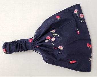 Navy Berries & Roses Wide Headband by FreCkLes GarDeN| empath bandana| Hippy headband| Yoga Sweatband| Kitchen hair cover| Witch| Head Veil|