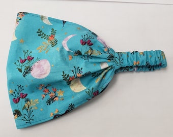 Aqua Floral Moon Wide Headband by FreCkLes GarDeN|empath bandana|Hippy headband|Yoga Sweatband|Kitchen hair cover| Witch| Veiling